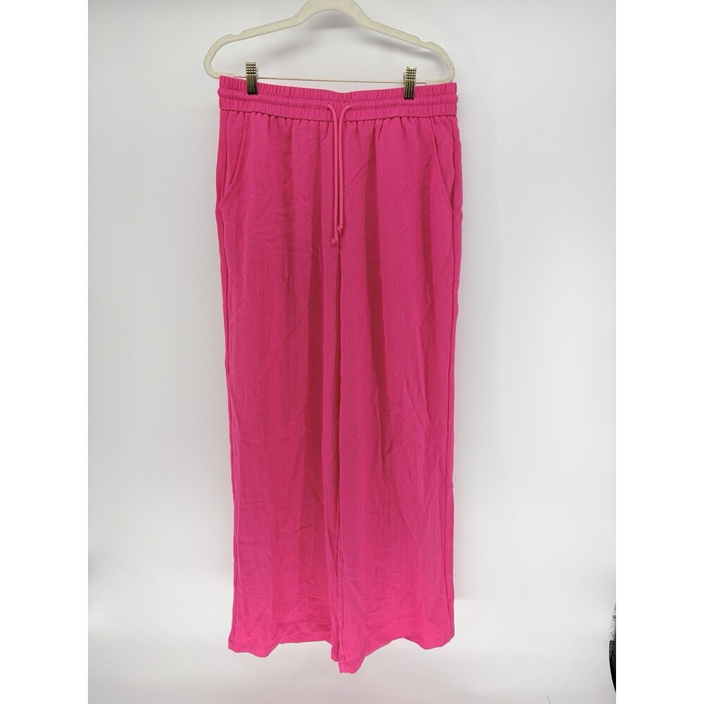 Halara High Waisted Wide Leg Baggy Casual Linen-Feel Pants Bright Pink Large NWT
